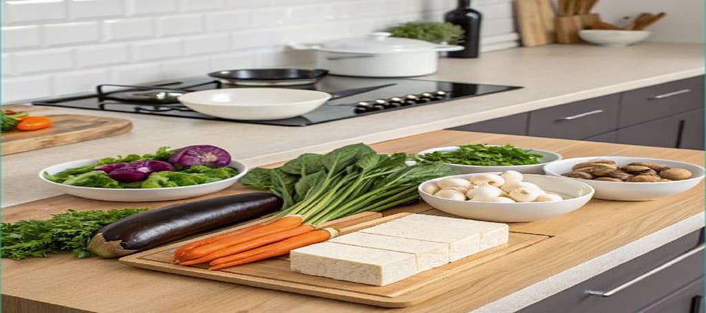 Plan de travail en cuisine japonaise moderne avec légumes frais et tofu pour cuisine végétalienne.
