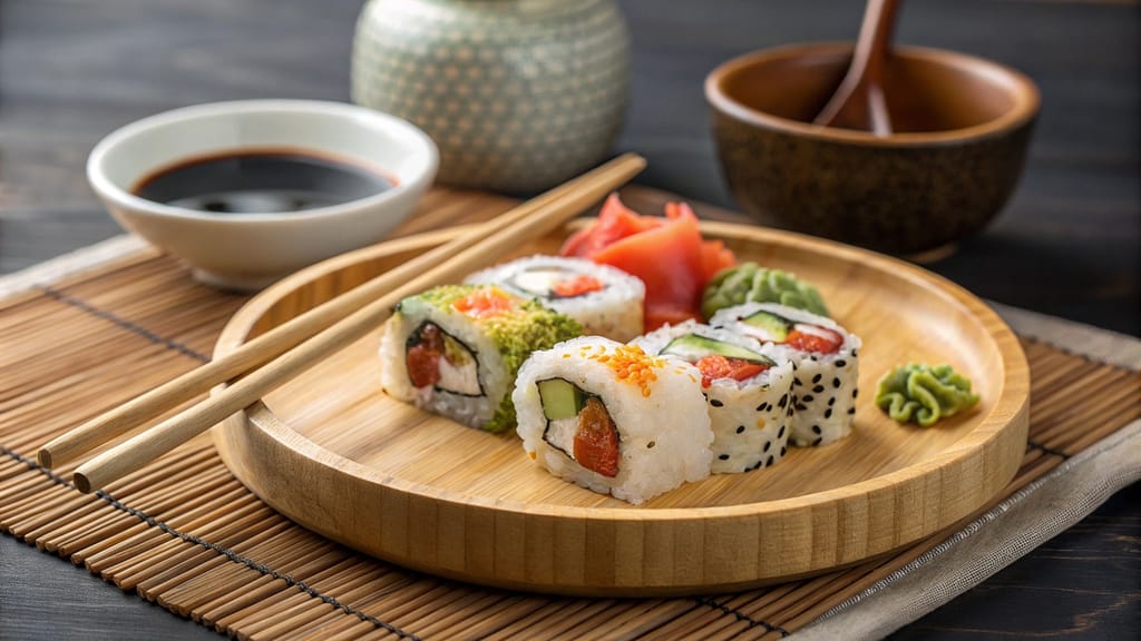 Authentic Japanese recipes featuring sushi beautifully presented on a wooden tray with soy sauce and chopsticks