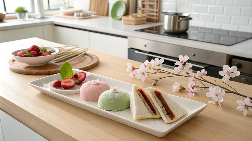 A platter of assorted traditional Japanese desserts (wagashi) arranged on a wooden tray.