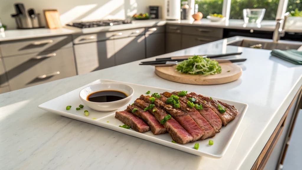 Sliced medium-rare Japanese steak garnished with green onions on a white plate.