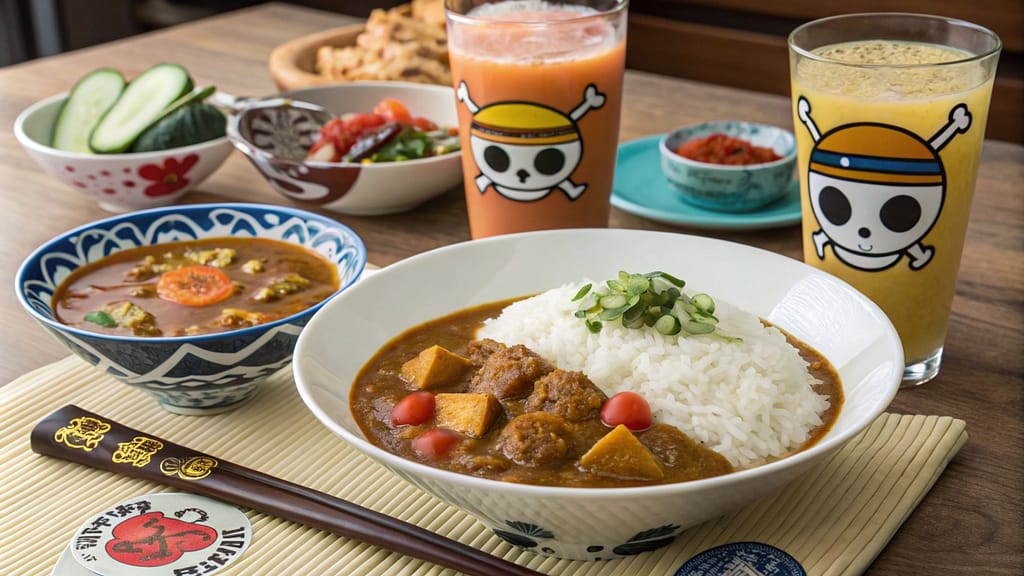 A beautifully plated One Piece-themed Japanese curry bowl, decorated with green onions and surrounded by pirate-themed accessories