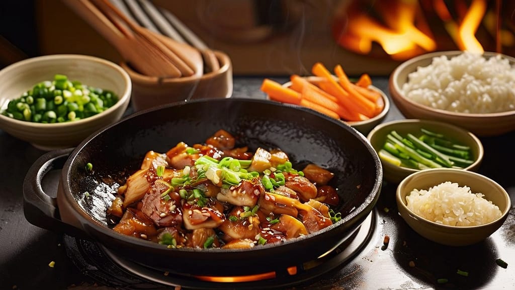 Prepared ingredients for Japanese chicken fried rice ready beside a heated wok and wooden spatula