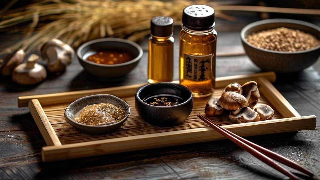 A selection of Japanese seasonings—soy sauce, mirin, miso, and sesame oil—arranged on a wooden shelf with measuring tools