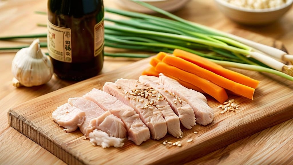 Ingredients for Japanese chicken fried rice arranged on a wooden cutting board in a cozy kitchen.