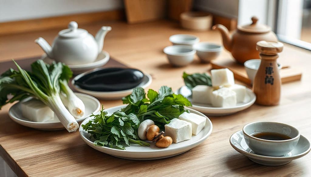 Assorted fresh vegetables, tofu, and miso elegantly arranged on a minimalist Japanese kitchen countertop