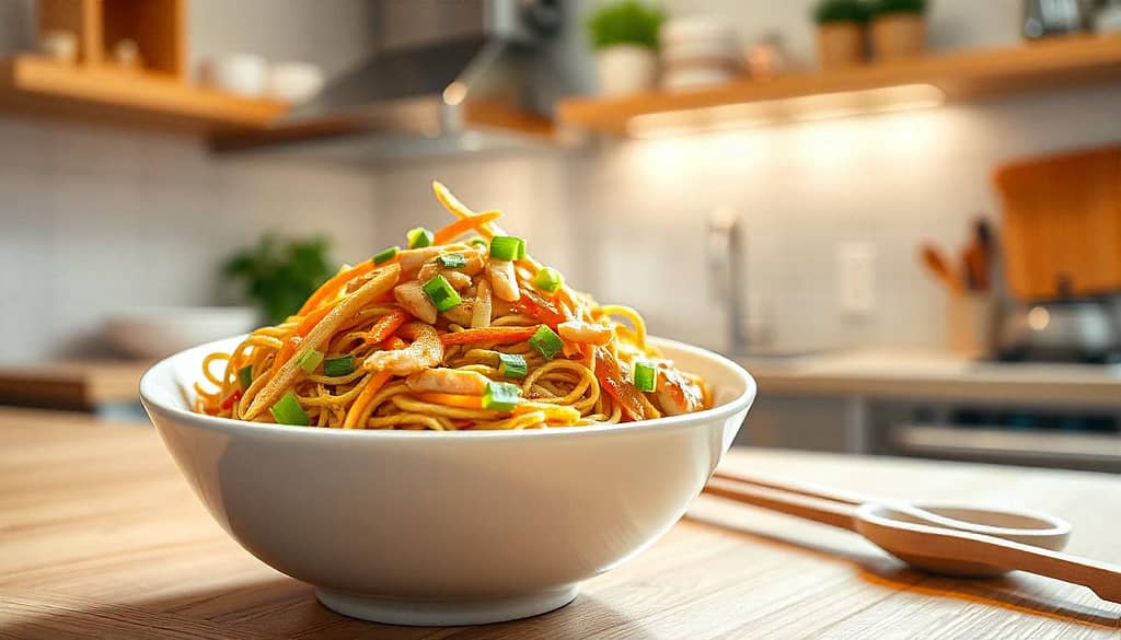 A bowl of Japanese pan-fried noodles garnished with green onions and carrots on a wooden countertop