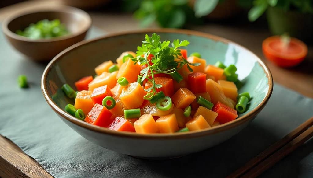 
"Beautifully arranged traditional Japanese vegetable dish with a variety of colorful vegetables on a minimalist table under soft natural lighting.