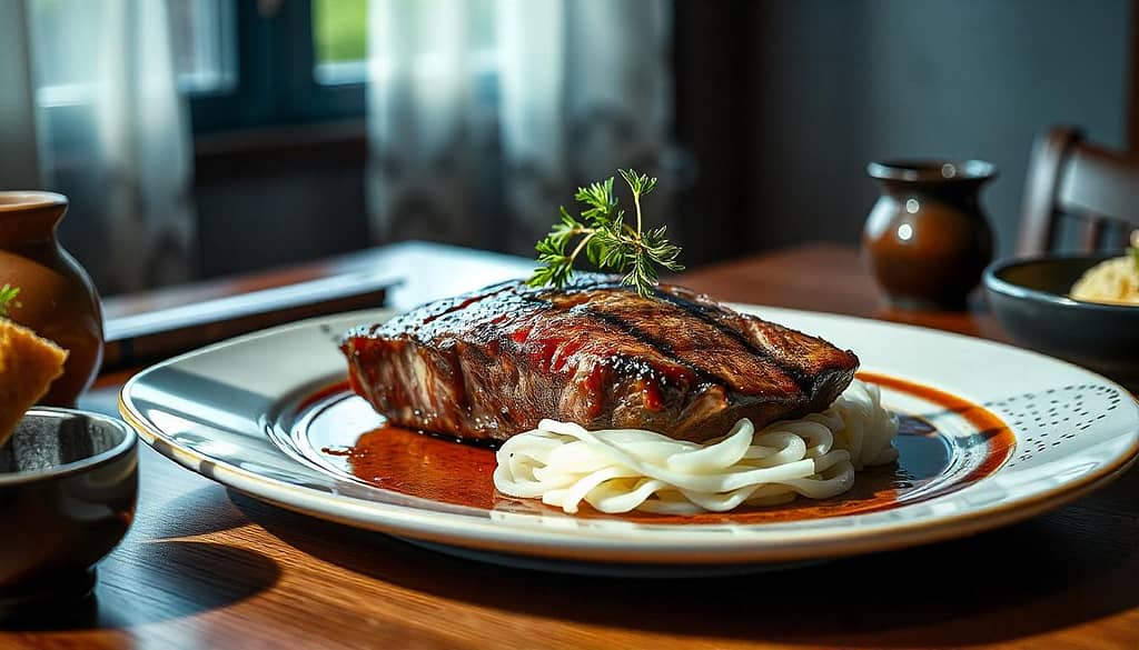 Elegant Japanese Steak Dish with traditional garnishes on a minimalist dining table under soft natural lighting.