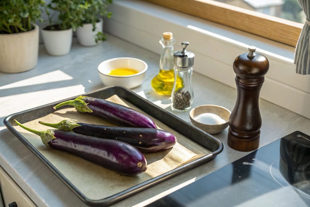 Fresh Japanese eggplants arranged on a countertop with seasonings and a baking sheet, set for a lunchtime roast.