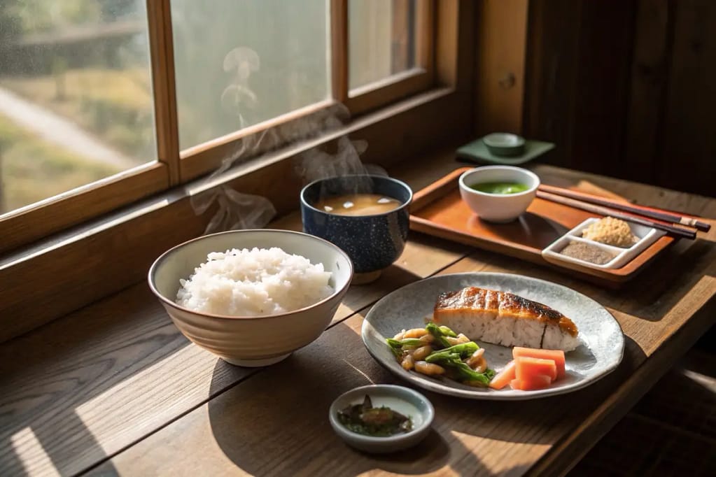 A serene Japanese breakfast scene showcasing steamed rice, fish, soup, and pickled vegetables in warm morning light.