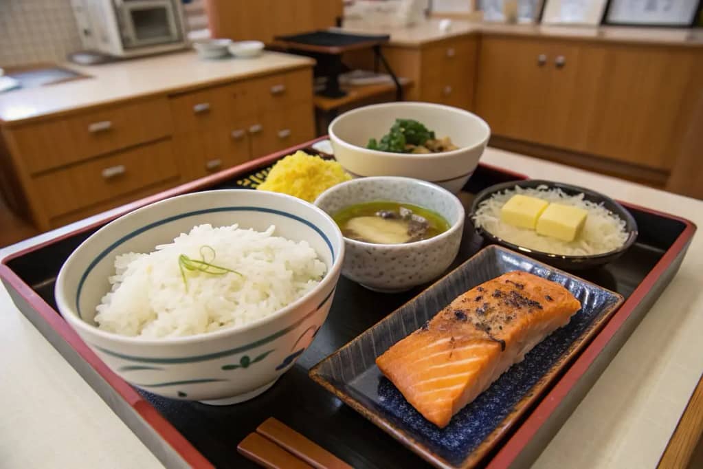 A compact Japanese breakfast tray arranged with rice, soup, fish, pickles, and egg for a balanced start to the day.