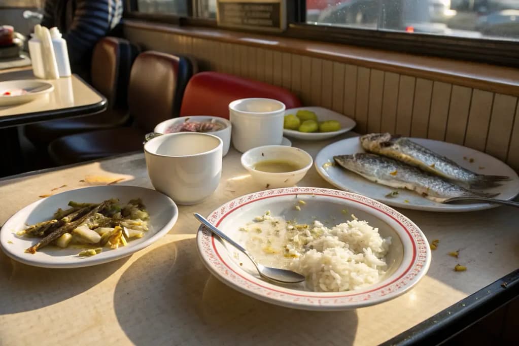 A final glimpse of a finished Japanese breakfast—empty bowls and used plates showing a delicious, balanced start to the day.