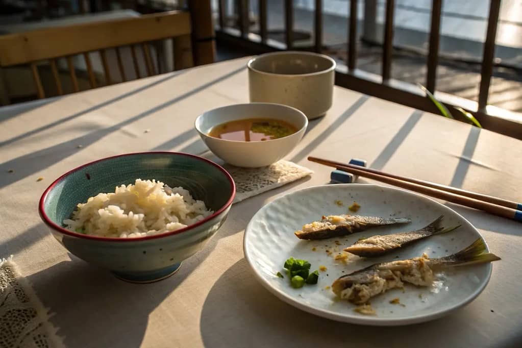 A concluding view of a Japanese breakfast, with dishes mostly consumed and a lingering sense of fulfillment in the morning light.