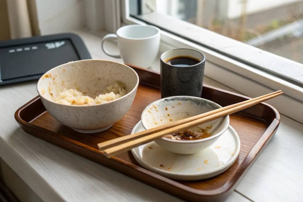 A post-breakfast snapshot symbolizing the balance of tradition and modernity in Japanese morning meals.