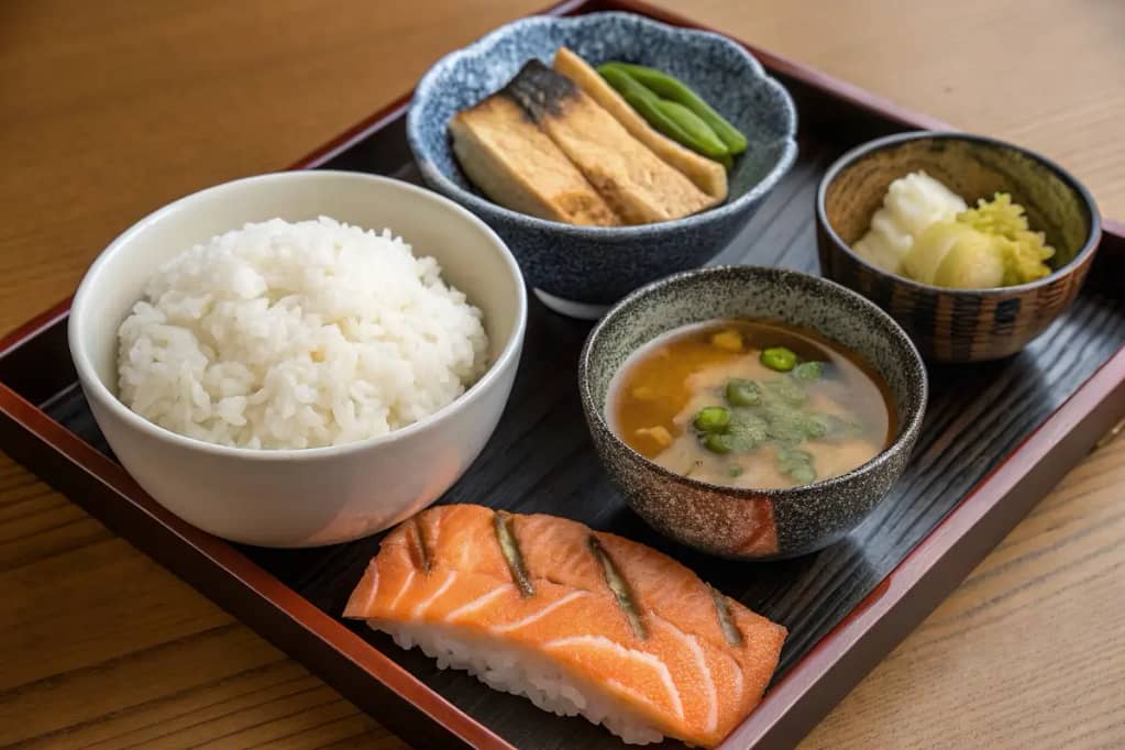 A classic Japanese breakfast tray featuring rice, soup, grilled fish, pickled vegetables, and tamagoyaki arranged neatly.