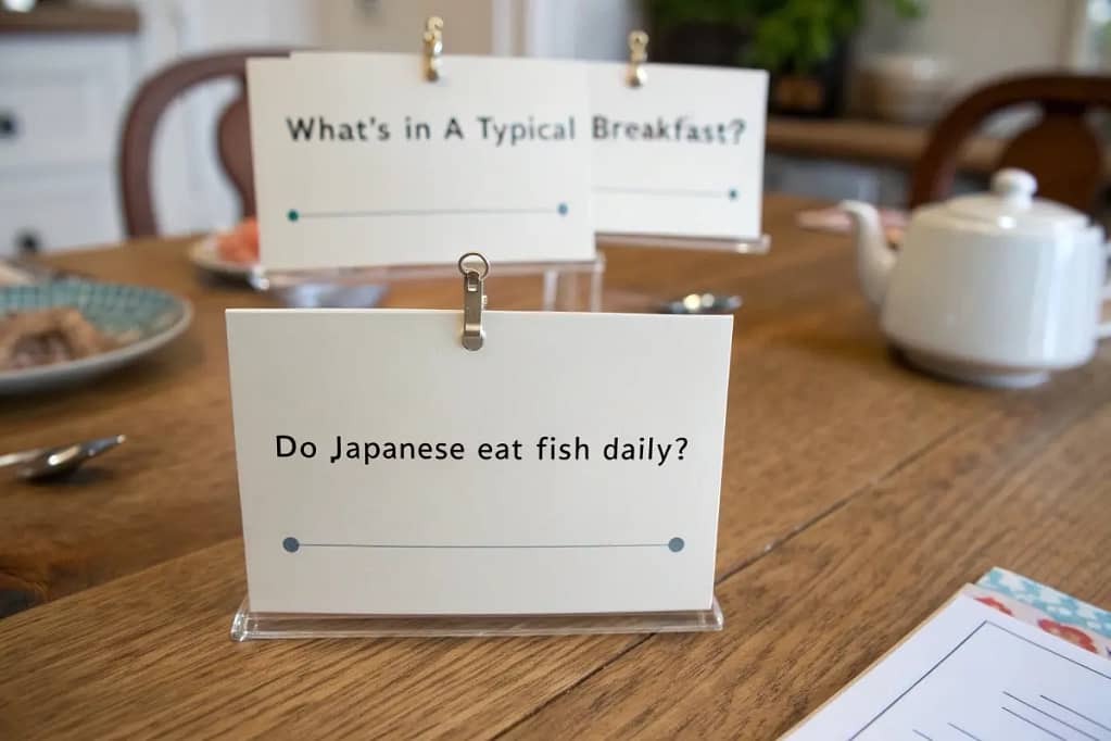 A FAQ board addressing common queries about Japanese breakfast, from staple foods to meal times.