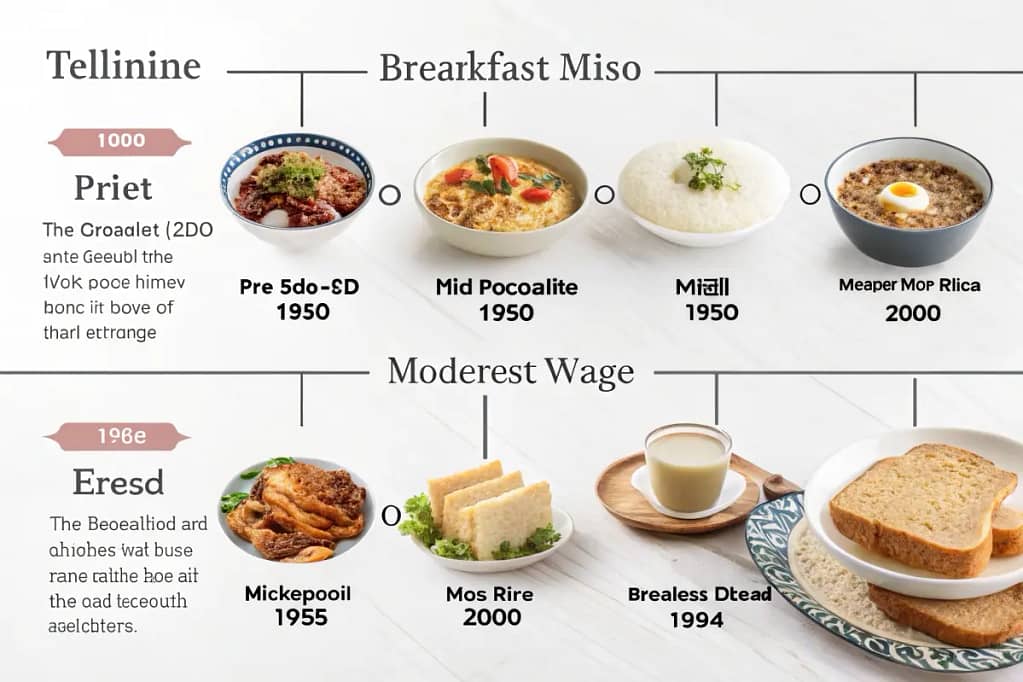 A timeline outlining the evolution of Japanese breakfast from humble grains to modern fusion meals.