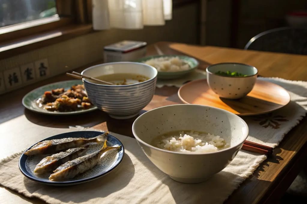 A concluding snapshot of a Japanese breakfast meal, with dishes nearly empty under warm morning light.