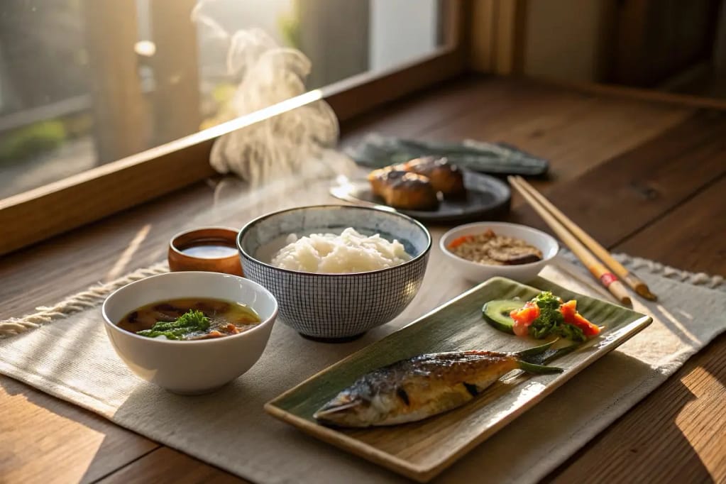 A comforting Japanese breakfast table arrangement featuring essential staples—rice, soup, fish, and pickled vegetables.