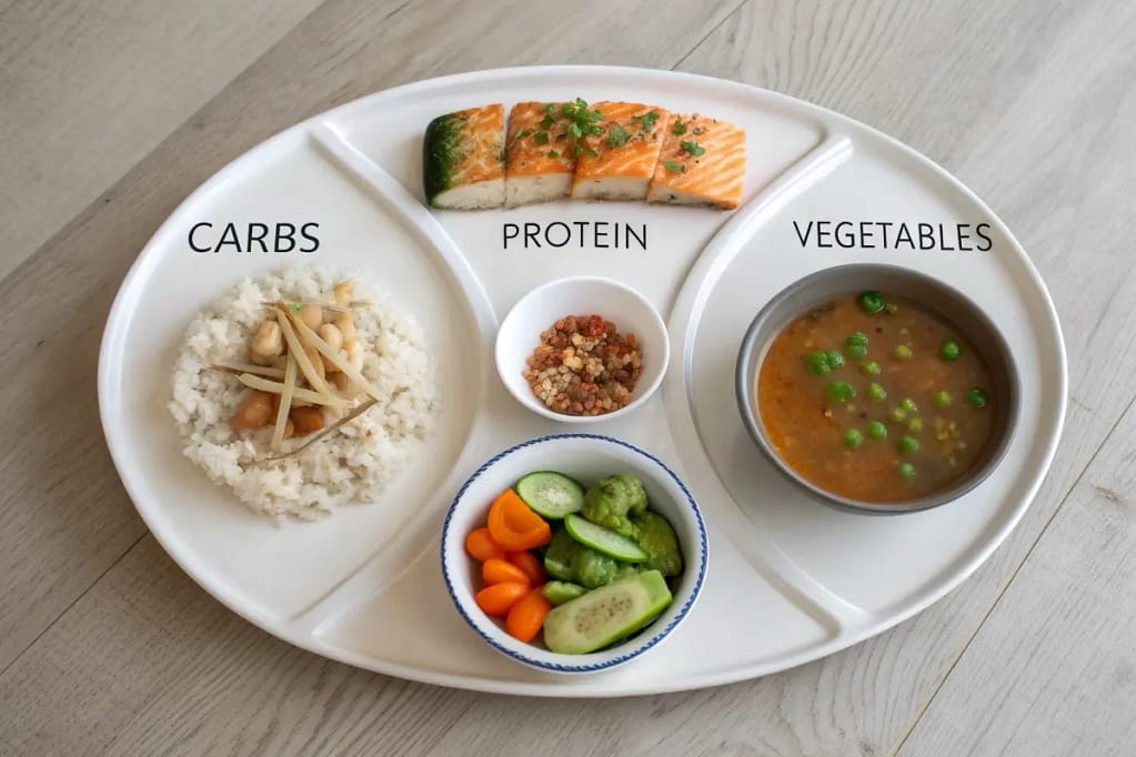 Illustrating the Japanese breakfast rule: balanced carbs, protein, and vegetables with a side of soup to start the day.
