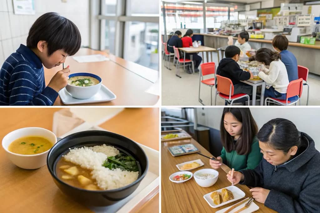 Four use cases for a typical Japanese breakfast, from student living to a family feast, an office commute, and a modern fusion brunch.