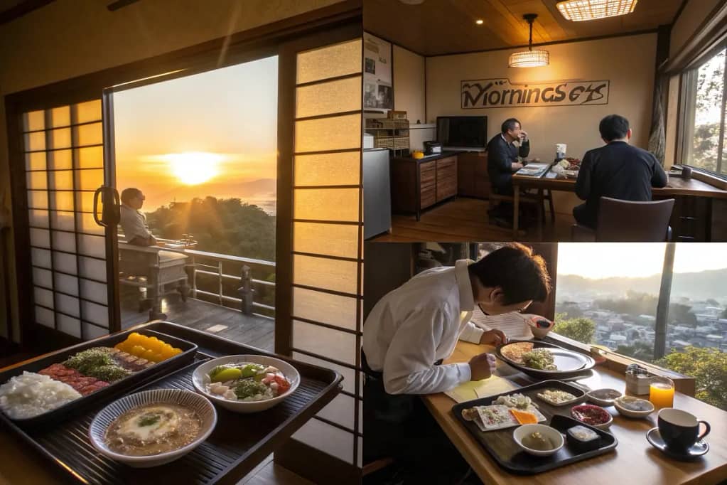 Visual examples of where and when people in Japan enjoy breakfast: at home, in a ryokan, at a café, or in the office.