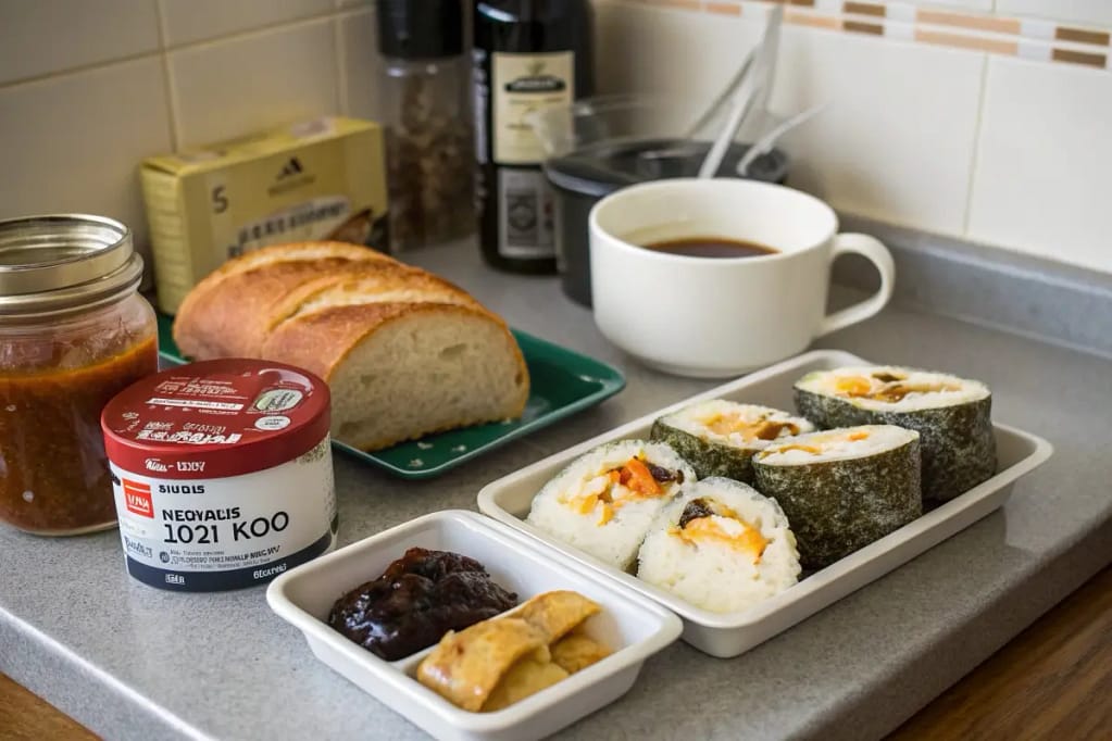 A blend of convenience store onigiri, instant miso soup, toast, and jam illustrating modern Japanese breakfast choices.