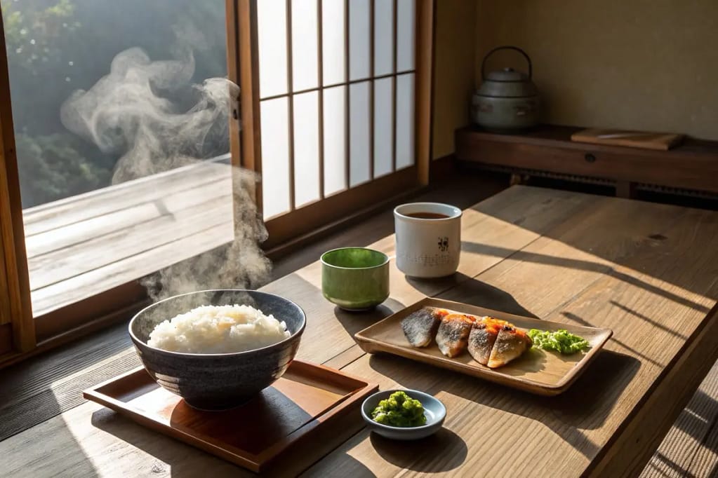 A serene Japanese breakfast spread with rice, miso soup, fish, and pickles under soft morning light.

