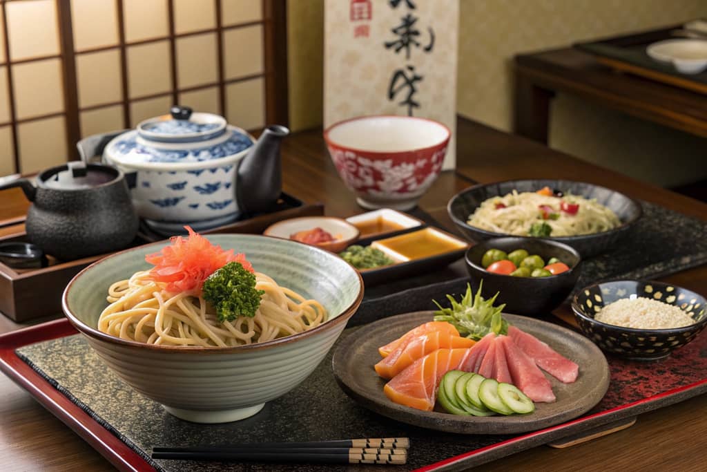 Experience authentic Japanese recipes with a variety of dishes, including sashimi, noodles, and pickled vegetables, served in a traditional setting.