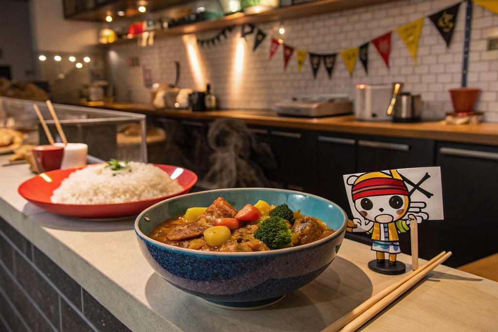 A One Piece-themed Japanese curry dish served in a vibrant kitchen, adorned with pirate flags and anime figurines