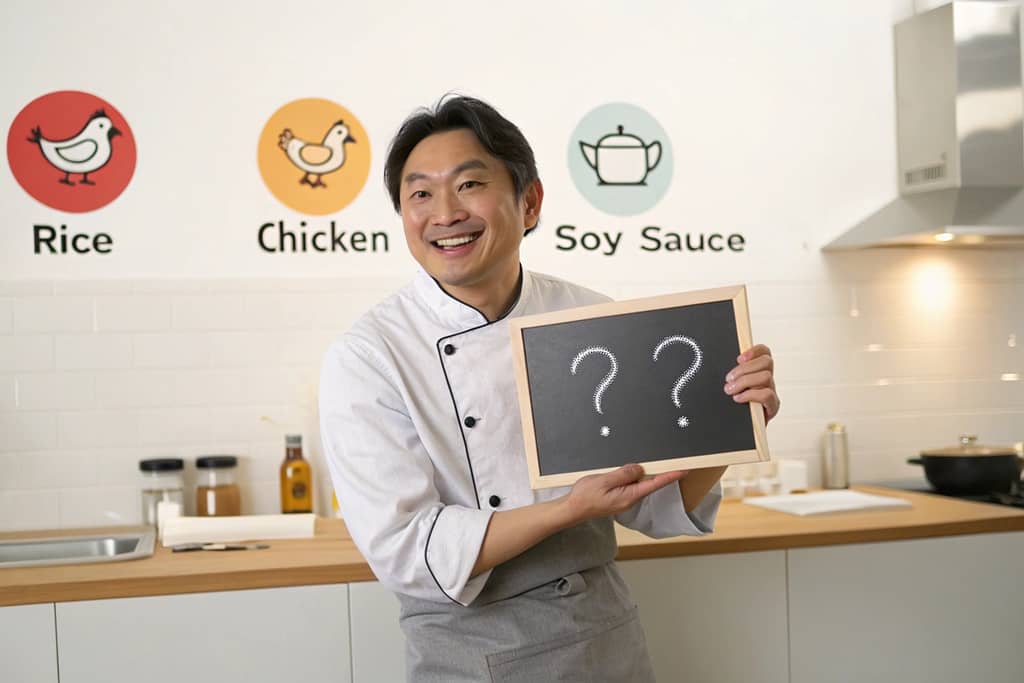 A friendly Japanese chef holding a chalkboard with icons representing FAQs on Japanese Chicken Fried Rice Recipe