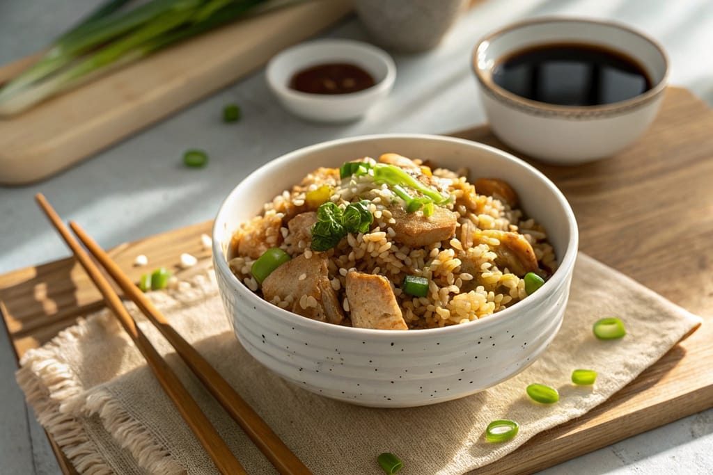 A serene tabletop setting featuring a bowl of Japanese chicken fried rice and chopsticks, inviting you to enjoy your meal.