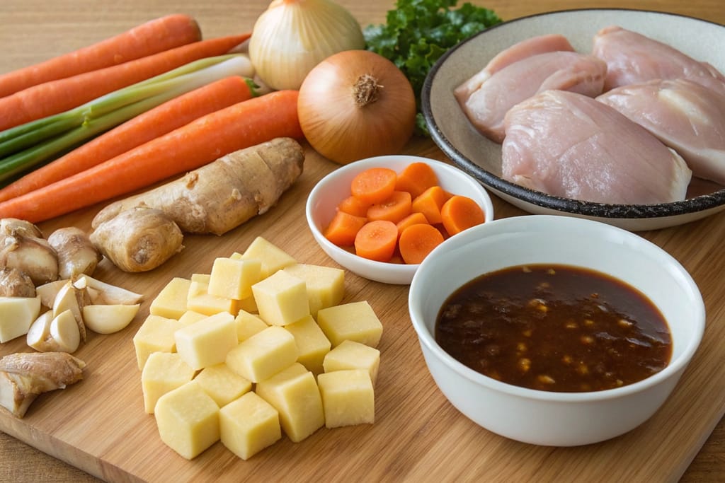 Essential ingredients for Japanese curry, including chicken, vegetables, curry roux, and seasonings, arranged on a wooden countertop