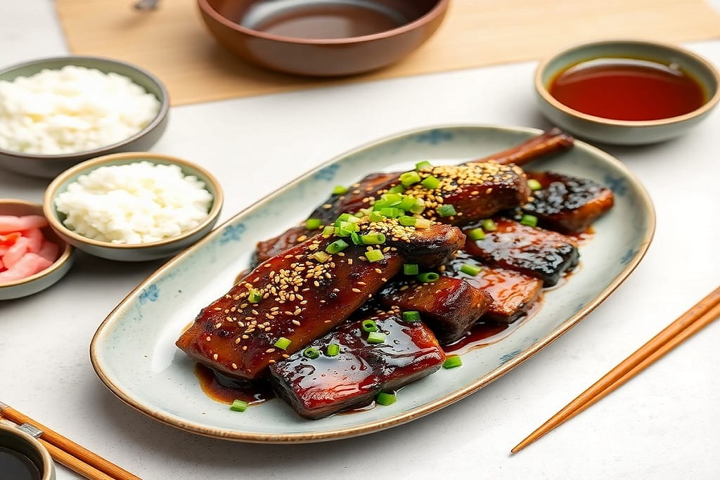 Beautifully plated Japanese short ribs on a traditional ceramic plate, glazed with a shiny sauce and garnished with toasted sesame seeds and chopped green onions. Served with steamed rice, pickled vegetables, and miso soup, accompanied by chopsticks and a cup of green tea on a minimalist Japanese table setting