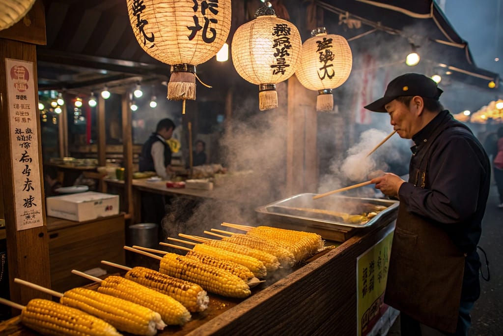 Japanese street food vendor grilling corn on skewers in a vibrant market setting