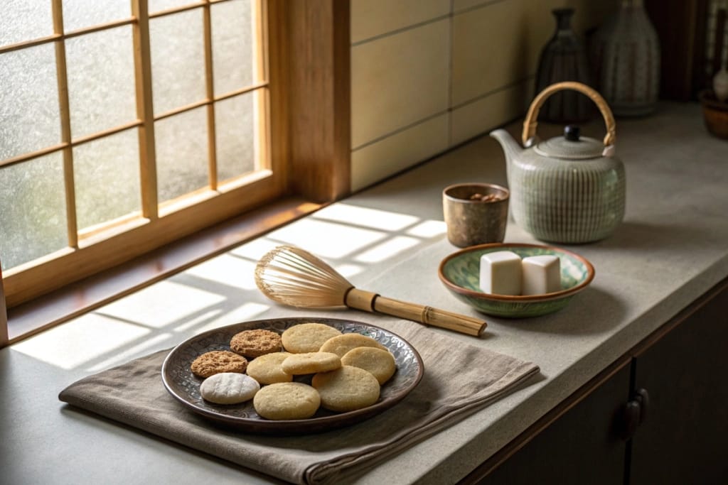 A plate of assorted Japanese butter cookies on a warm, minimalistic kitchen counter.