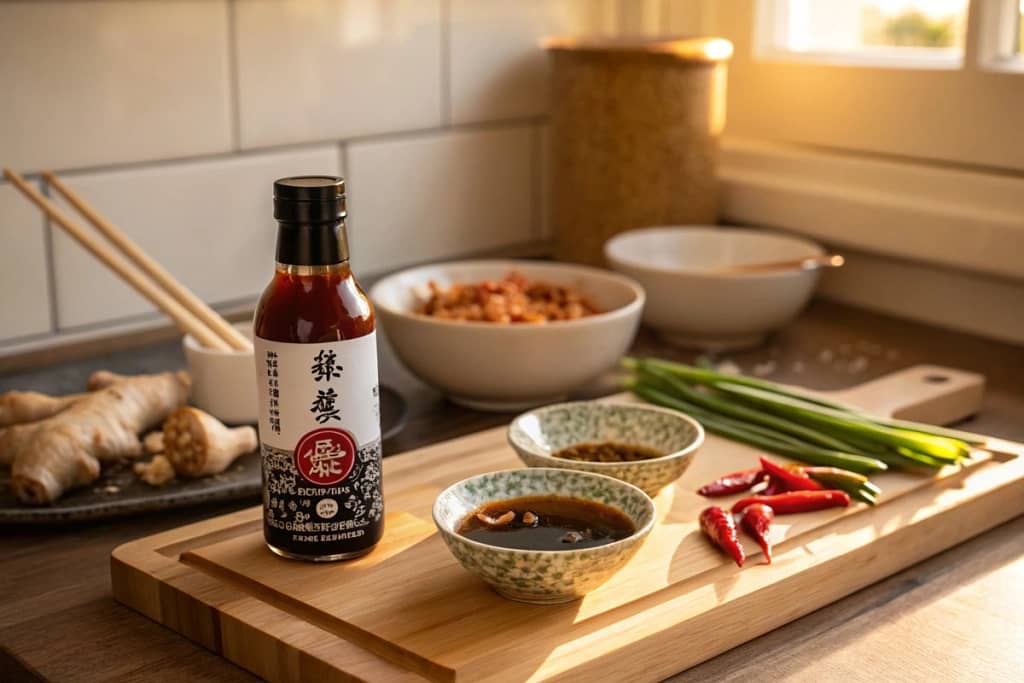 A bottle of Bachan’s Japanese BBQ sauce with fresh ginger, soy, and peppers on a wooden countertop.