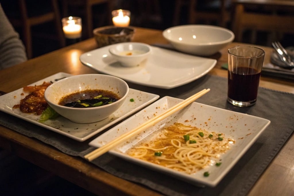 A final look at an empty table after enjoying American-Japanese fusion favorites, signifying a satisfying conclusion to the dining experience.