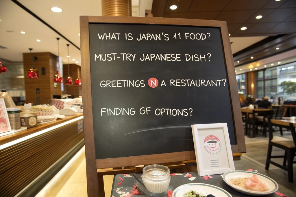 A chalkboard-styled FAQ addressing popular Japanese cuisine questions, including top dishes and cultural etiquette.