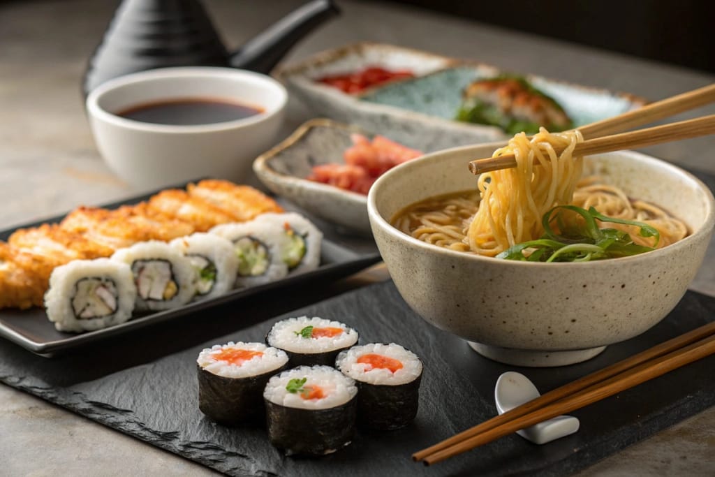 A mouthwatering display of top Japanese dishes—sushi, ramen, tempura—arranged to showcase the variety and freshness that define Japan’s cuisine.