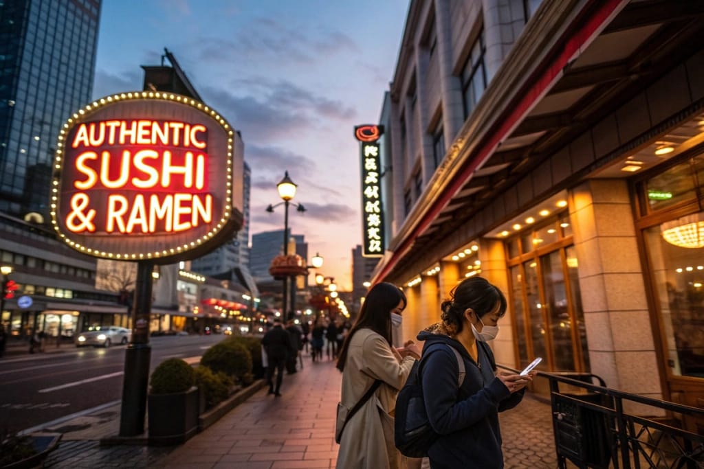 People browsing for Japanese restaurants along a busy U.S. street, searching for the best spots using smartphones.