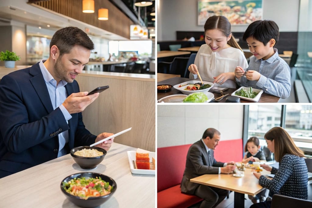 Four snapshots illustrating how different American diners discover and enjoy Japanese cuisine, from fast lunch to family meals and foodie adventures.