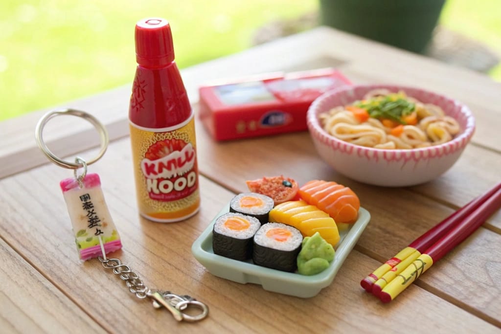 Various Japanese fake food items showcasing the spectrum from candy craft kits to novelty shampoo bottles shaped like ramen.