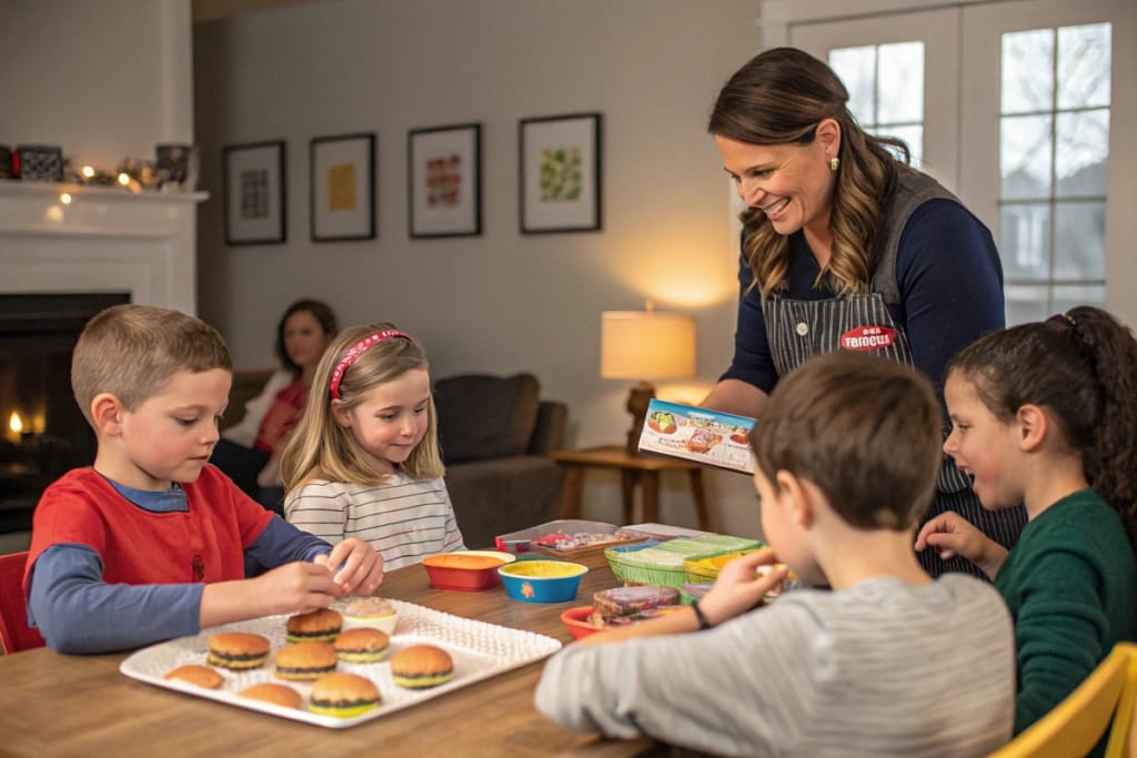 A three-panel visual capturing diverse scenarios where Japanese burger candy kits bring laughter and learning: a kids’ party, a classroom lesson, and a casual date night.