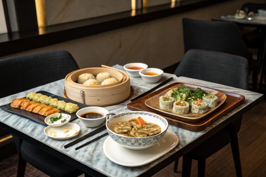 A harmonious final view of two adjacent tables, one with Chinese dishes and one with Japanese, symbolizing the delightful coexistence of both cuisines.