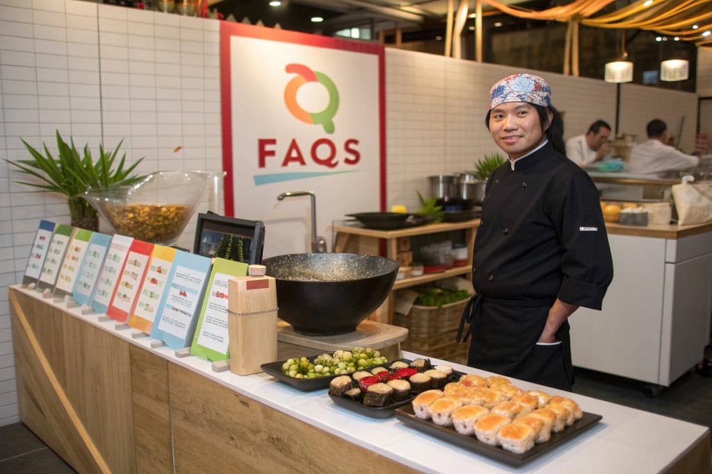 Create an image of a bright Q&A booth reminiscent of a food festival. A staff member s"A food-festival-style FAQ booth contrasting Chinese and Japanese food elements, inviting curious visitors to learn key distinctions.