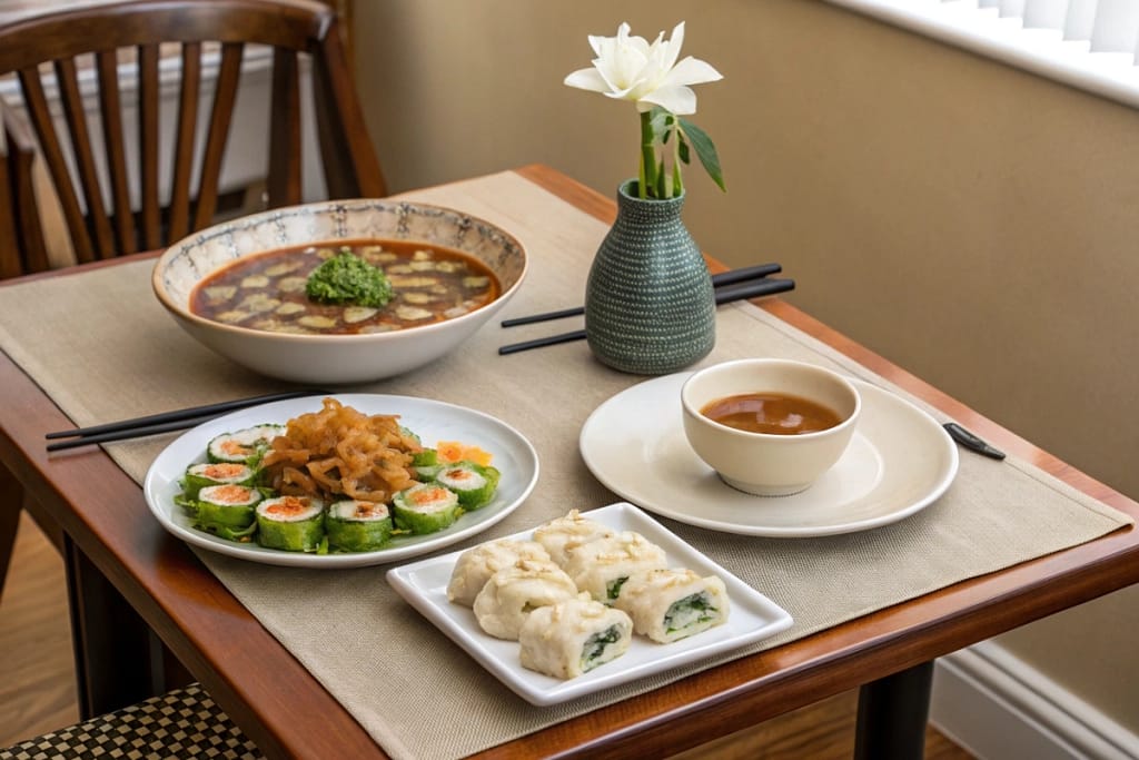 A balanced final view of Chinese and Japanese dishes side by side, emphasizing harmony and the delightful contrast of both cuisines.