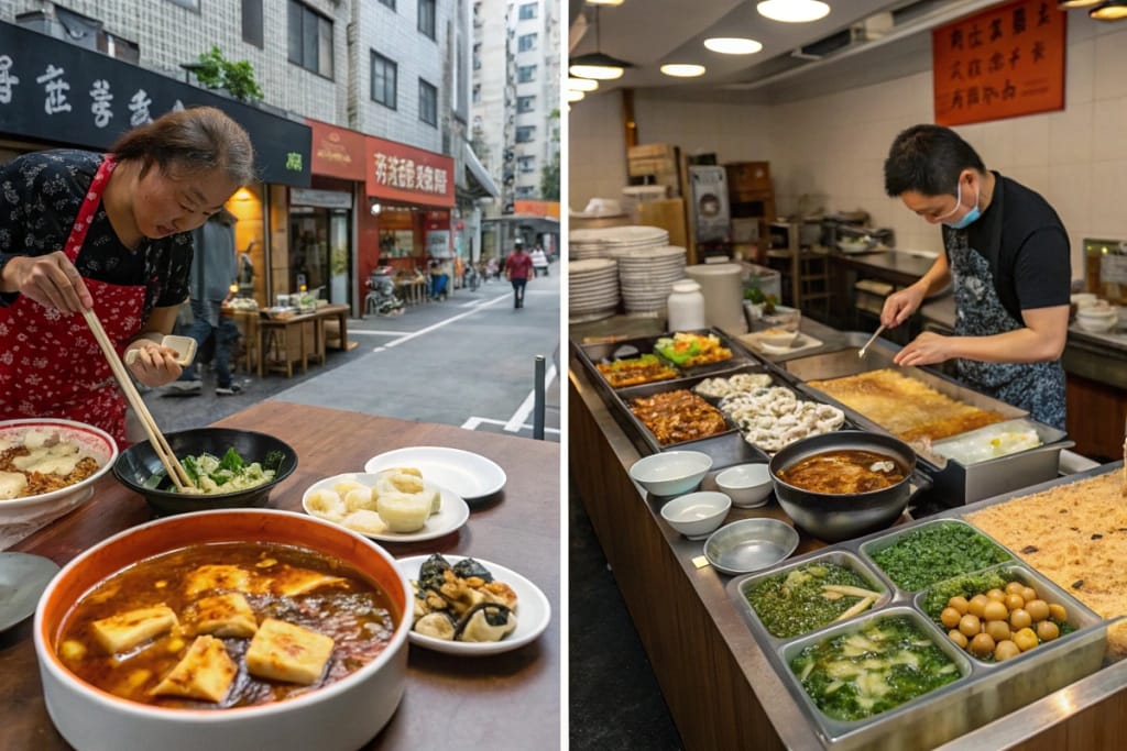 A triple-panel representation of real-life ways people combine or compare Chinese and Japanese food—from potlucks to travel adventures.