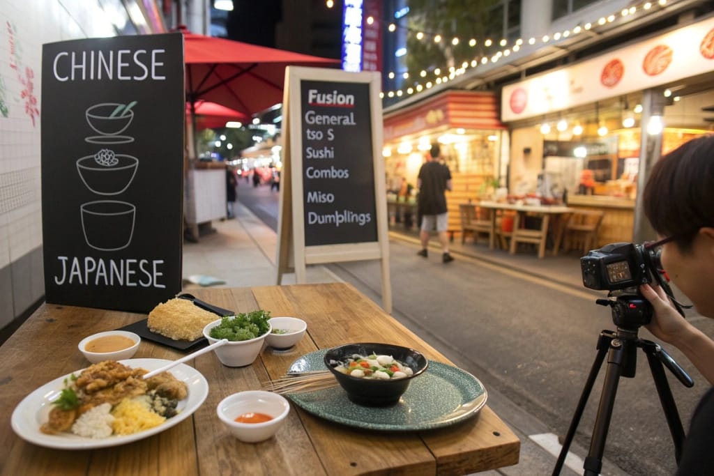 A triple snapshot illustrating how Chinese and Japanese cuisines coexist in home gatherings, café fusion menus, and global street markets.