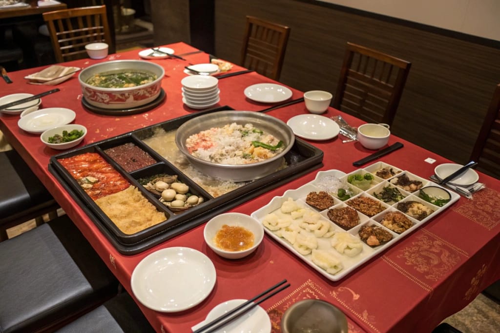 A side-by-side depiction of Chinese and Japanese dining tables, highlighting shared communal dishes for China versus individually portioned items for Japan.